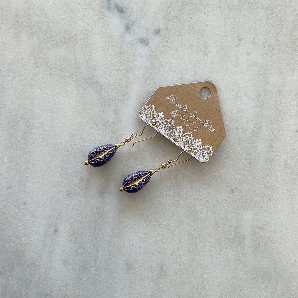 Acrylic Dark Blue Drop Etched Bead Earrings