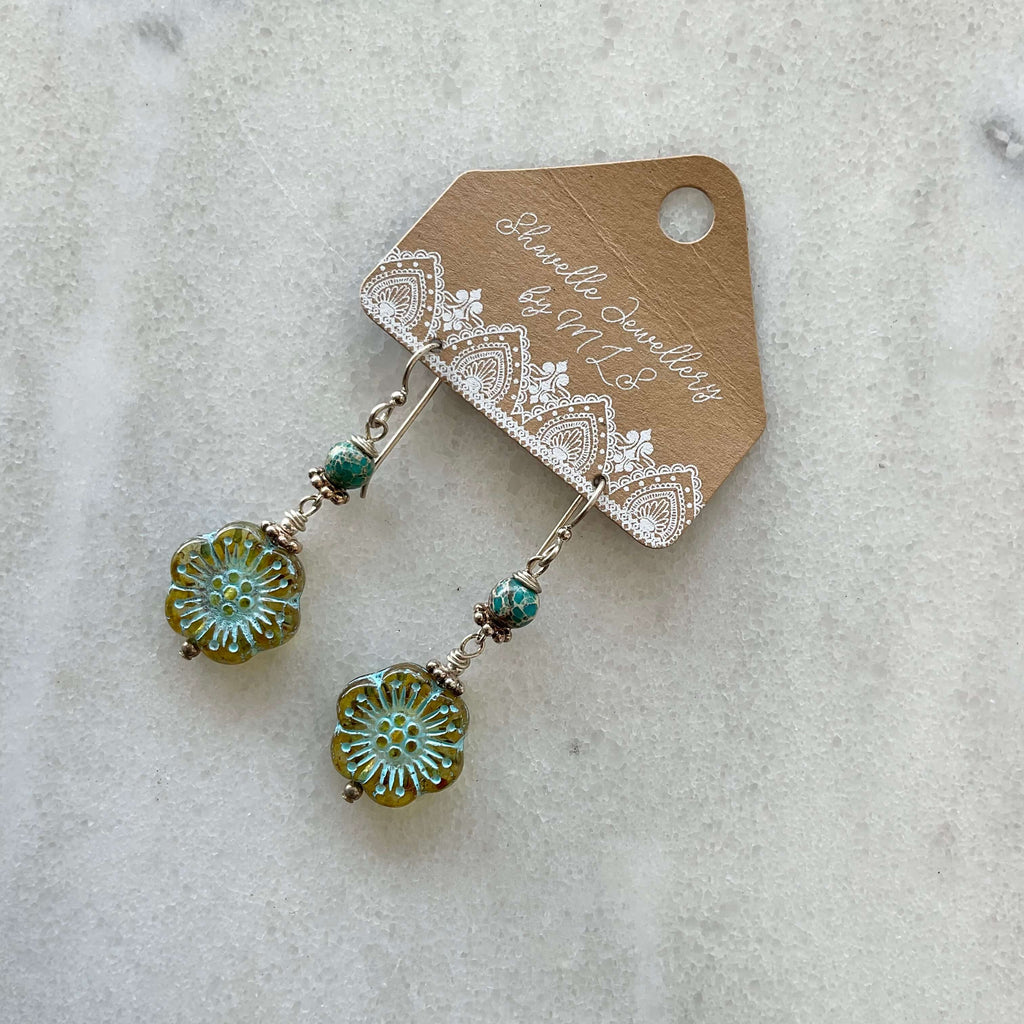 Cezch glass flower beads, Imperial Jasper beads Earrings