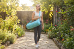 Handmade-blue-batik-print-yoga-drum-bag-australia-woman with a smile caring- Yoga Batick blue-aqua-Yoga-drum bag