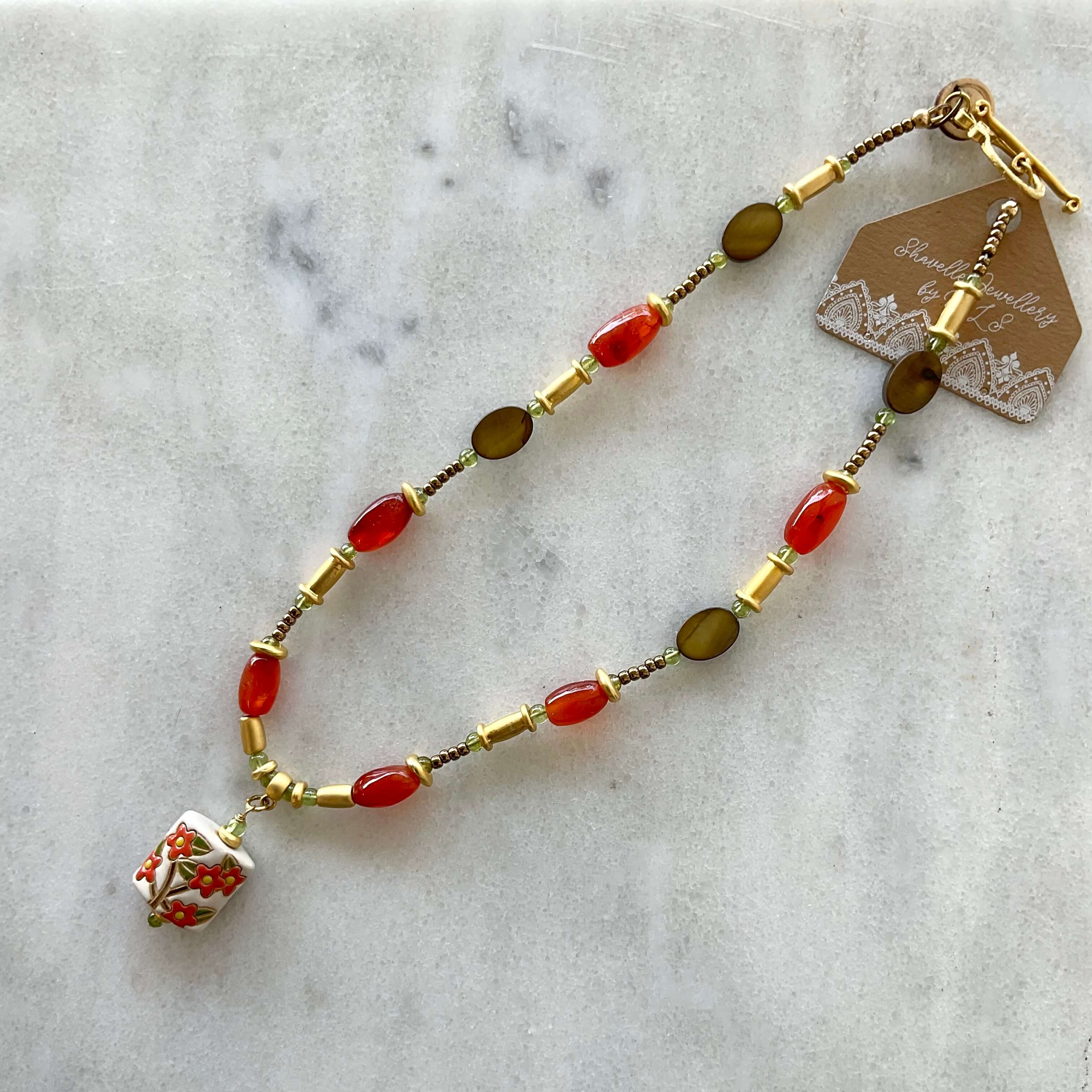 Carnelian, Peridot and 22kt gold plated Bead Necklace