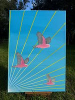 Front full view of the original canvas Aboriginal painting Galahs at Sunrise Tim Yule, Aboriginal artist.