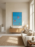 Original Wiradjuri artwork Galahs at Sunrise styled on a living room wall, showing the 100x70cm scale and 2cm stretched canvas profile.