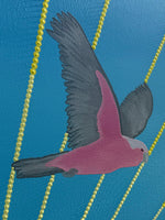 Detailed close-up of the brushstrokes and vibrant textures on the Galahs at Sunrise painting by Indigenous artist Timothy Yule.