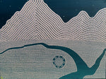 Detailed close-up of the intricate acrylic brushwork and fine lines on Timothy Yule's contemporary Aboriginal painting Homelands.
