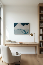 The original Aboriginal artwork Homelands by Tim Yule styled elegantly on a modern wall, displaying its size and organic texture.