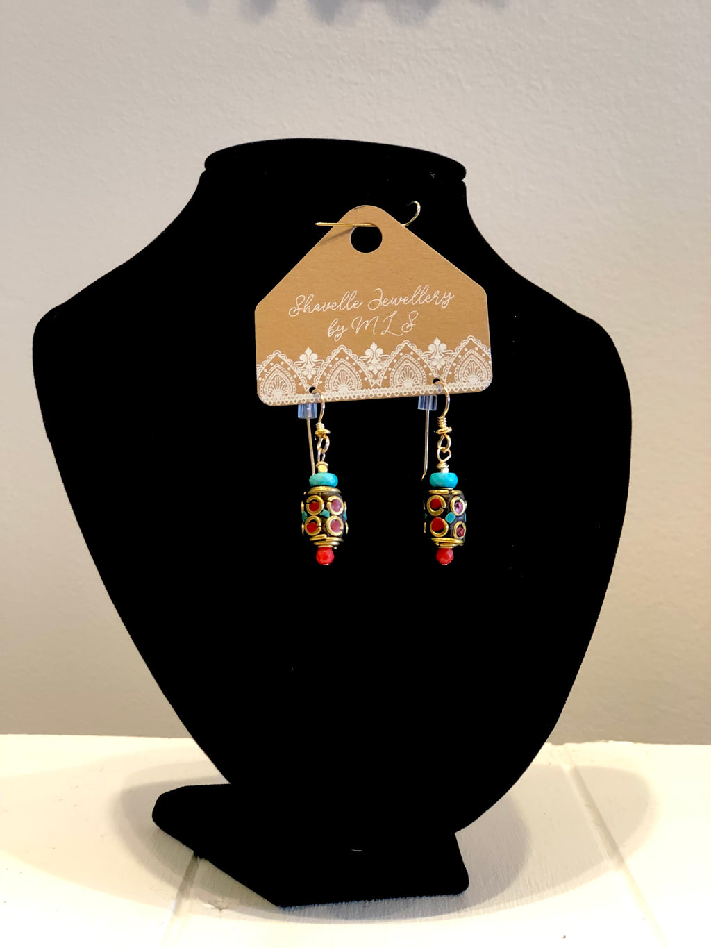 Red glass and Tibetan bead Earrings